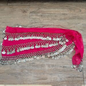 Pink Belly Dance Hip Scarf Coin Fringe Festival Costume Wrap Coins